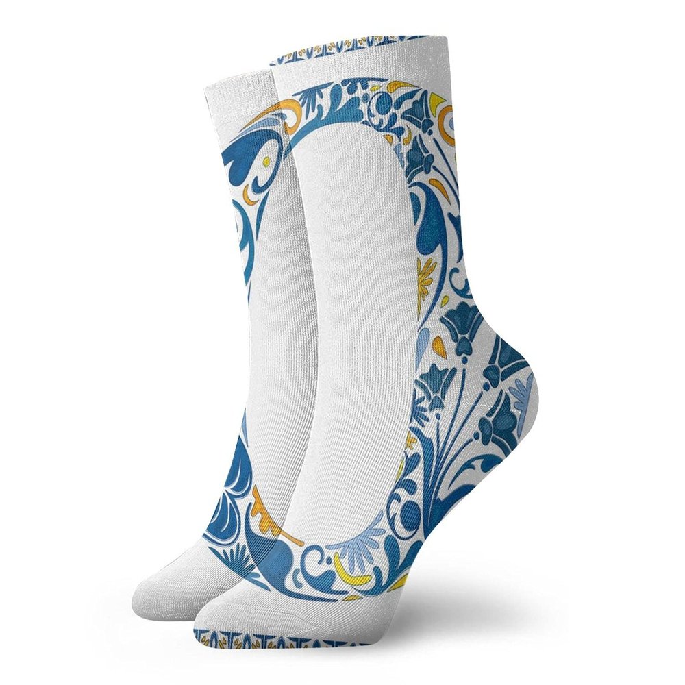 Letter O Funny Compression Socks Women and Men,Blue Capital Letter In Framework Portuguese Tile Art Azulejo Floral Design,Best for Circulation,Running,Athletic,Nurse,Travel,Blue Yellow Orange -12 inch