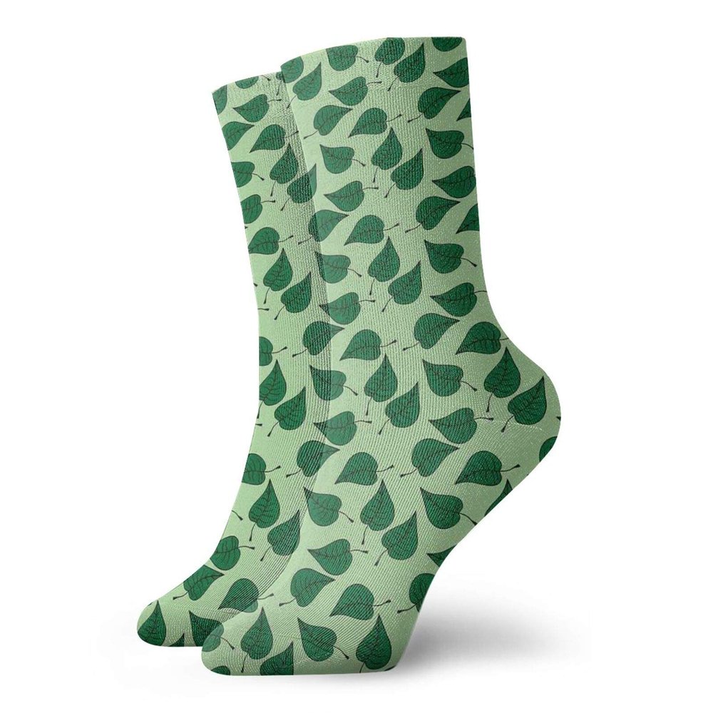 Leaves Funky Colorful Cushion Sport Socks,Foliage With Doodle Style Illustration Composition Of Nature,Athletic Cushioned Running Performance Crew Socks For Men/Women,Fern Green Pale Green -12 inch
