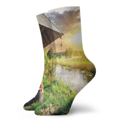 GULTMEE Nature Funky Colorful Cushion Sport Socks,Wooden Country House By The Lake,Athletic Cushioned Running Performance Crew Socks For Men/Women,Multicolor -12 inch
