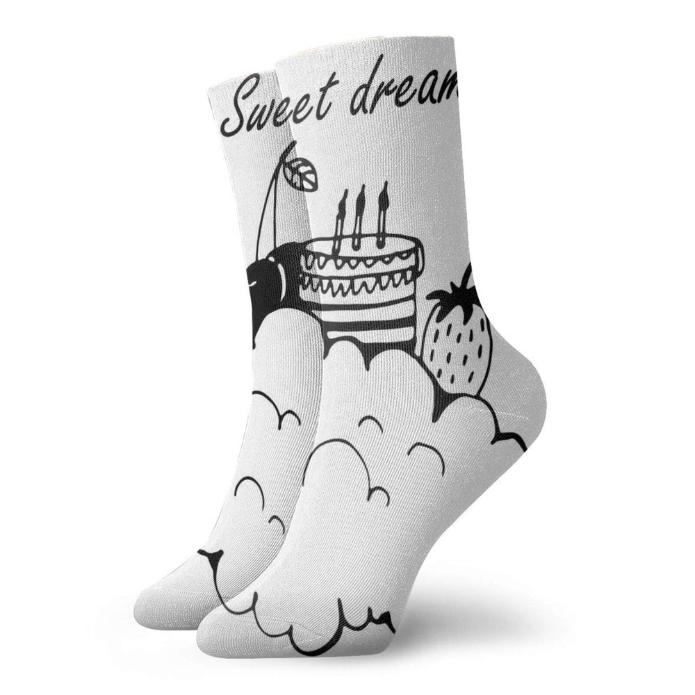 GULTMEE Funky Colorful Cushion Sport Socks,Doodle Style Birthday Cake With Berry Fruits On A Cloud Monochrome Design,Athletic Cushioned Running Performance Crew Socks For Men/Women, -12 inch