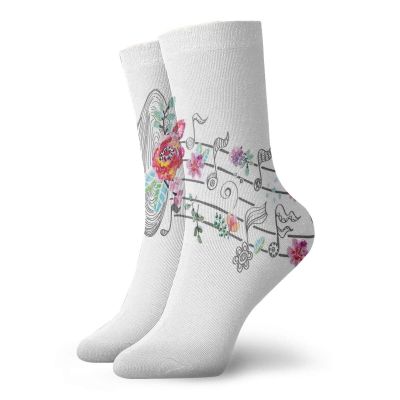 GULTMEE Music Decor Fashion Compression Socks,Vintage Gramophone Record Player With Floral,Performance Polyester Cushioned Athletic Crew Socks for Running,Athletic,Grey Pink -12 inch