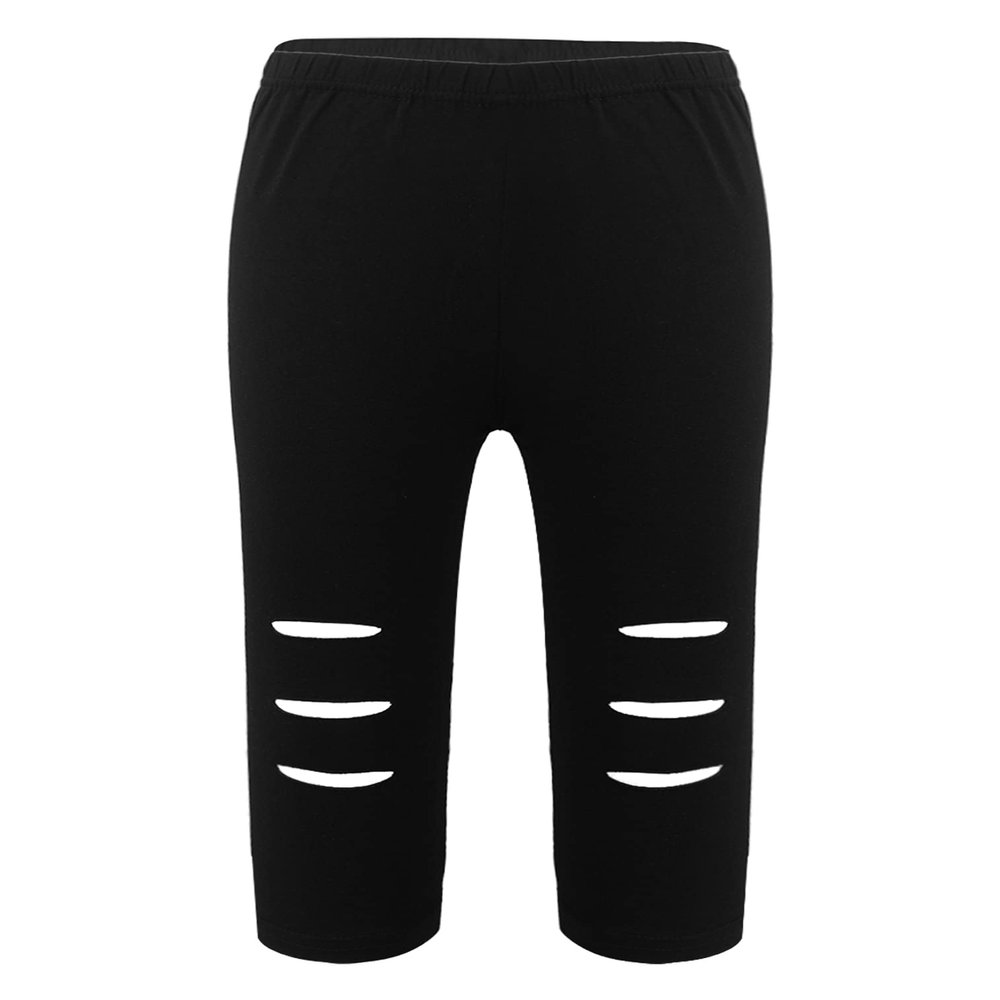 easyforever Kids Girls Dance Gymnastics Stretchy Ripped Knee Crop Leggings Pants Workout Trousers Tights Black 2-3