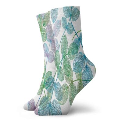 GULTMEE Floral Fashion Compression Socks,Flowers Leaves Ivy Vein Like Rainbow,Performance Polyester Cushioned Athletic Crew Socks for Running,Athletic,Light Blue Fern Green Purple White -12 inch