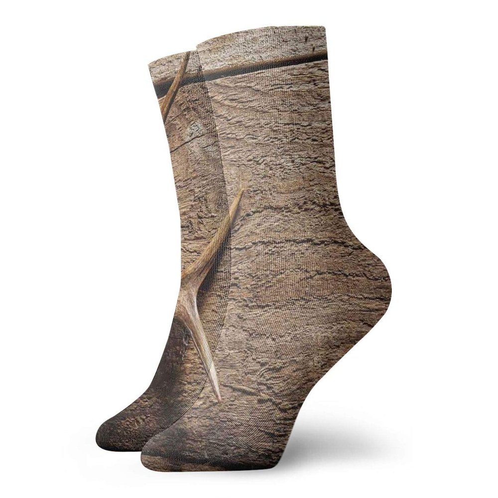 Antlers Funny Compression Socks Women and Men,Deer Antlers On Wood Table Rustic Texture Surface Hunting Season Fall Gathering Art,Best for Circulation,Running,Athletic,Nurse,Travel,Umber -12 inch