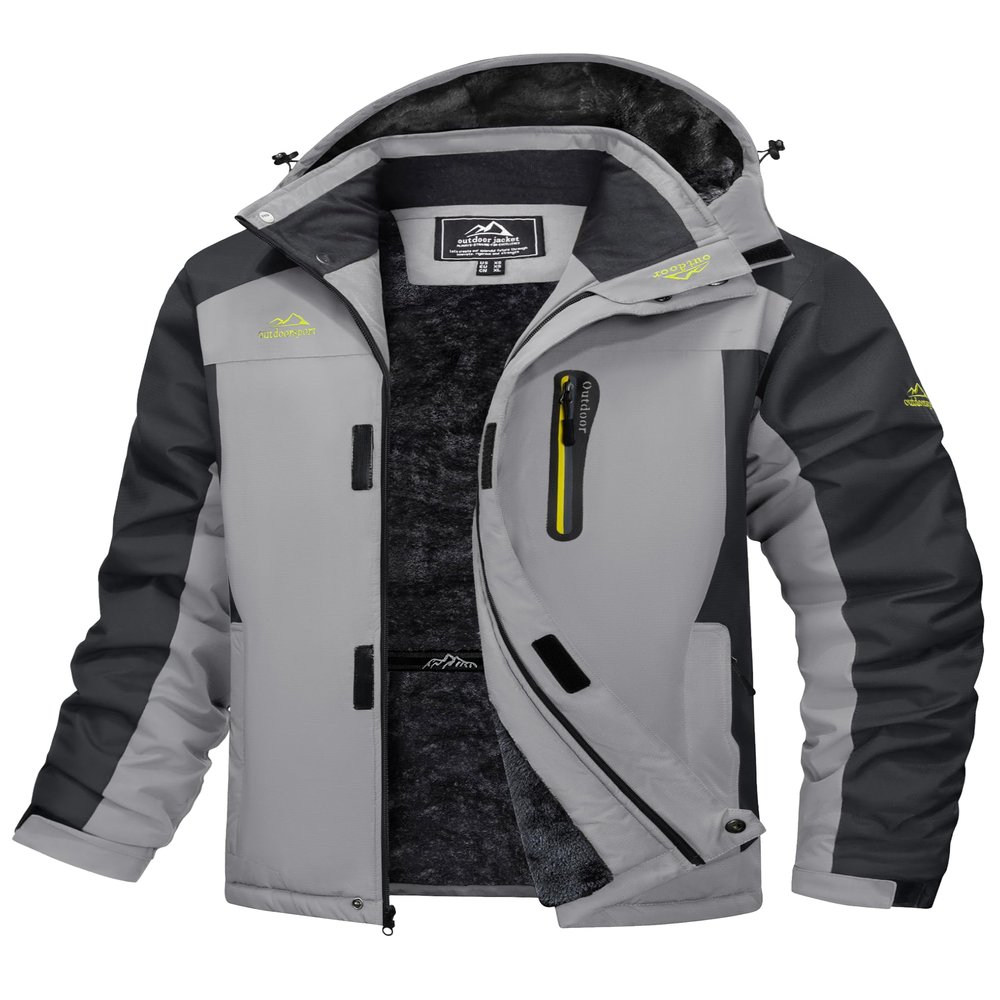 MAGCOMSEN Mens Snow Ski Jackets Heavy Winter Fleece Lined Snowmobile Coats Waterproof Windproof Parka 5 Pockets Light Grey, 2XL