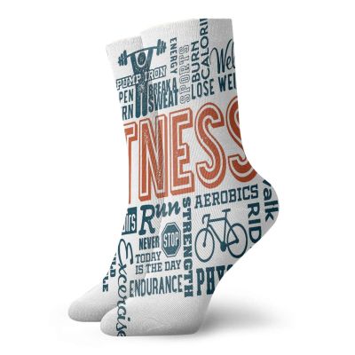 GULTMEE Fitness Funky Colorful Cushion Sport Socks,Fitness Related Words With Retro Style,Athletic Cushioned Running Performance Crew Socks For Men/Women,Orange Dark Blue White -12 inch