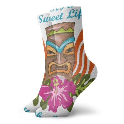 GULTMEE Funky Colorful Cushion Sport Socks,Sweet Life By The Salty Sea Text With Tiki Figure And Hibiscus Flower Print,Athletic Cushioned Running Performance Crew Socks For Men/Women, -12 inch