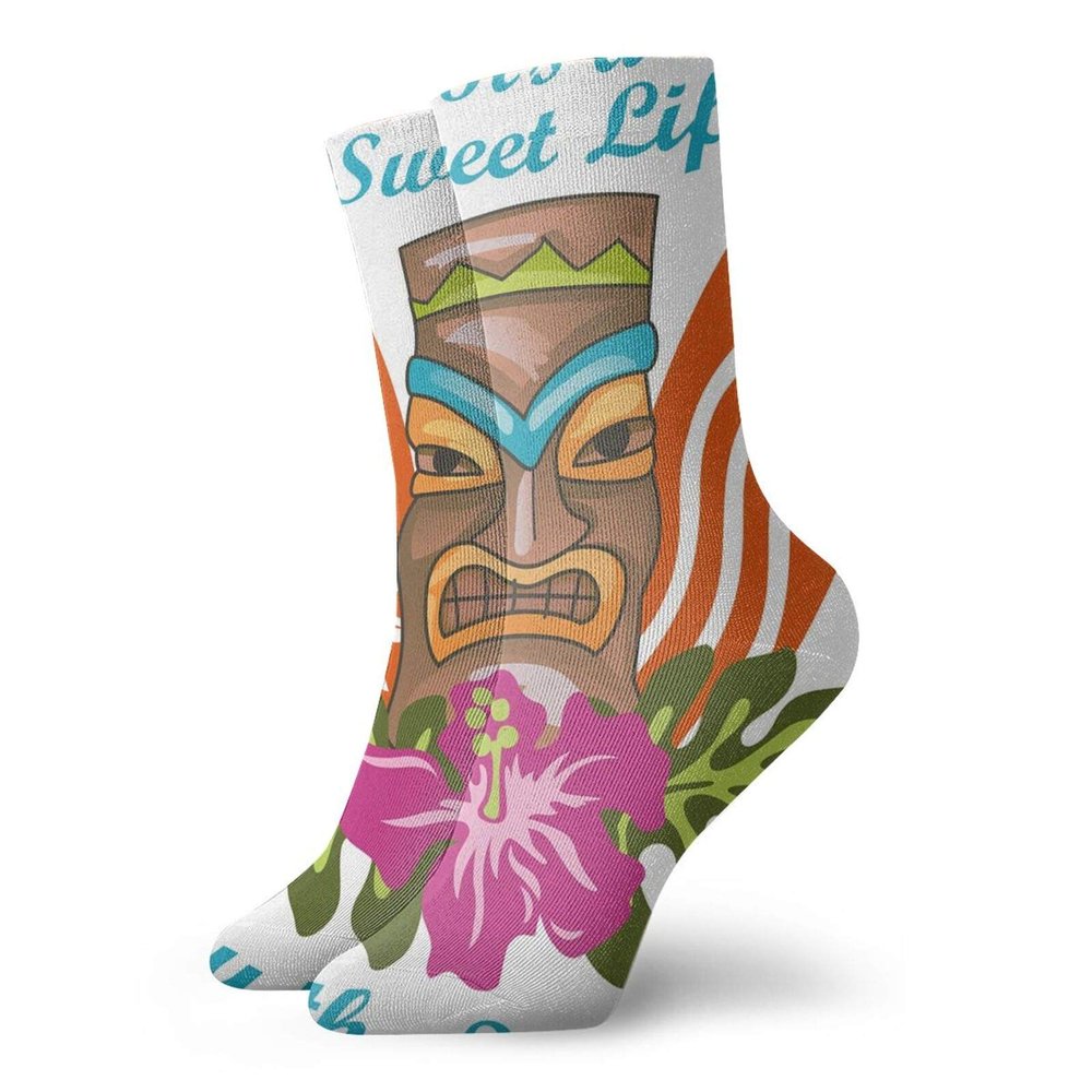 GULTMEE Funky Colorful Cushion Sport Socks,Sweet Life By The Salty Sea Text With Tiki Figure And Hibiscus Flower Print,Athletic Cushioned Running Performance Crew Socks For Men/Women, -12 inch