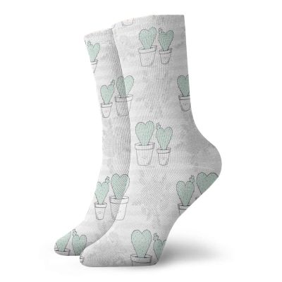 Valentines Day Fashion Compression Socks,Sweet Pastel With Heart Shape Cacti,Performance Polyester Cushioned Athletic Crew Socks for Running,Athletic,Pale Grey Mint Green White -12 inch