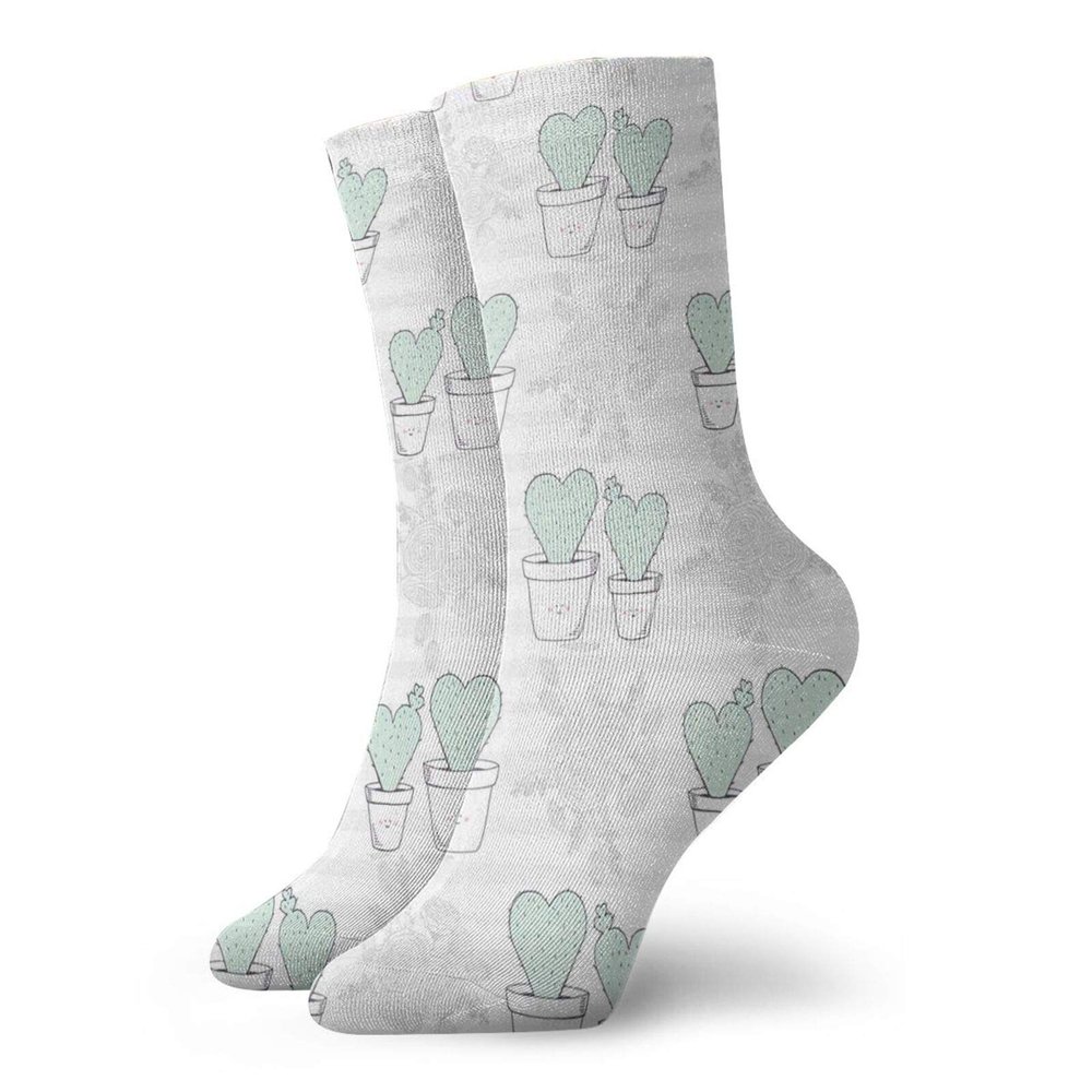 Valentines Day Fashion Compression Socks,Sweet Pastel With Heart Shape Cacti,Performance Polyester Cushioned Athletic Crew Socks for Running,Athletic,Pale Grey Mint Green White -12 inch
