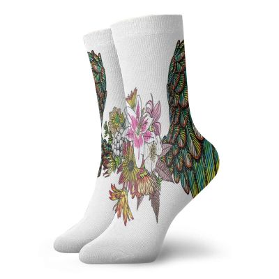 GULTMEE Angel Wings Fashion Compression Socks,Vintage Orchids Bouquet With Feather Wings,Performance Polyester Cushioned Athletic Crew Socks for Running,Athletic,Multicolor -12 inch