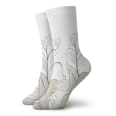 Dragonfly Funky Colorful Cushion Sport Socks,Curled Nature Branches Leaves Lake Coast Abstract Floral Shabby Chic,Athletic Cushioned Running Performance Crew Socks For Men/Women,Cream Pearl -12 inch