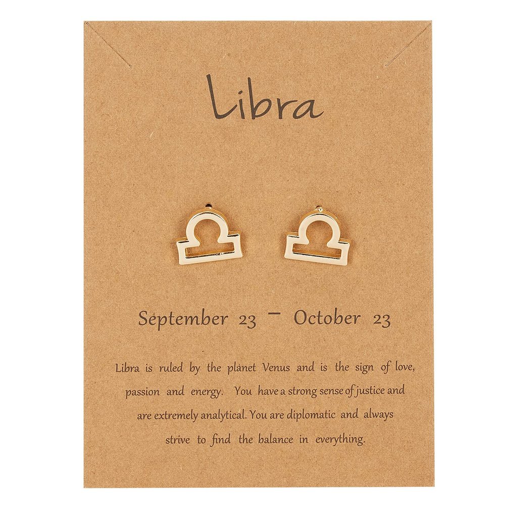 18K Gold Plated Zodiac Stud Earrings 12 Constellation Astrology Card Packaging Horoscope 18K Gold Plated Little Ear Stud for Women Birthday Anniversary Friendship Exquisite Jewelry Gift-Libra