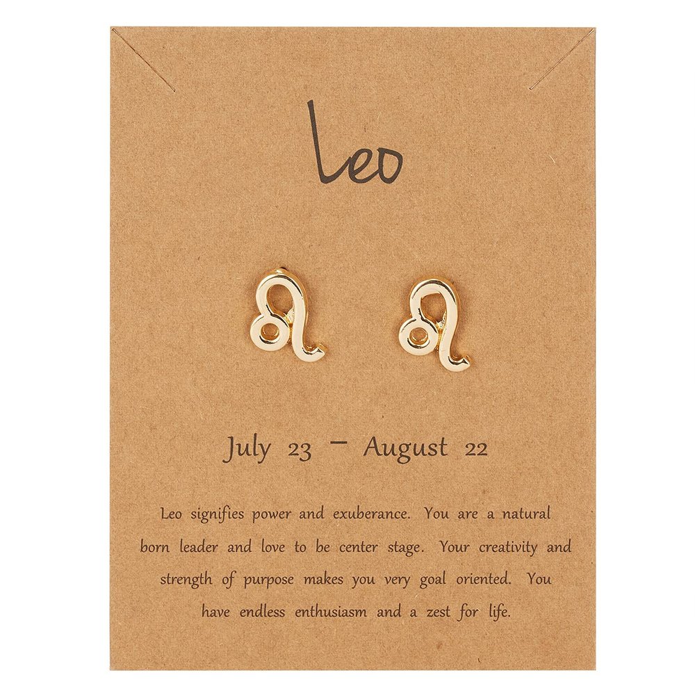 18K Gold Plated Zodiac Stud Earrings 12 Constellation Astrology Card Packaging Horoscope 18K Gold Plated Little Ear Stud for Women Birthday Anniversary Friendship Exquisite Jewelry Gift-Leo