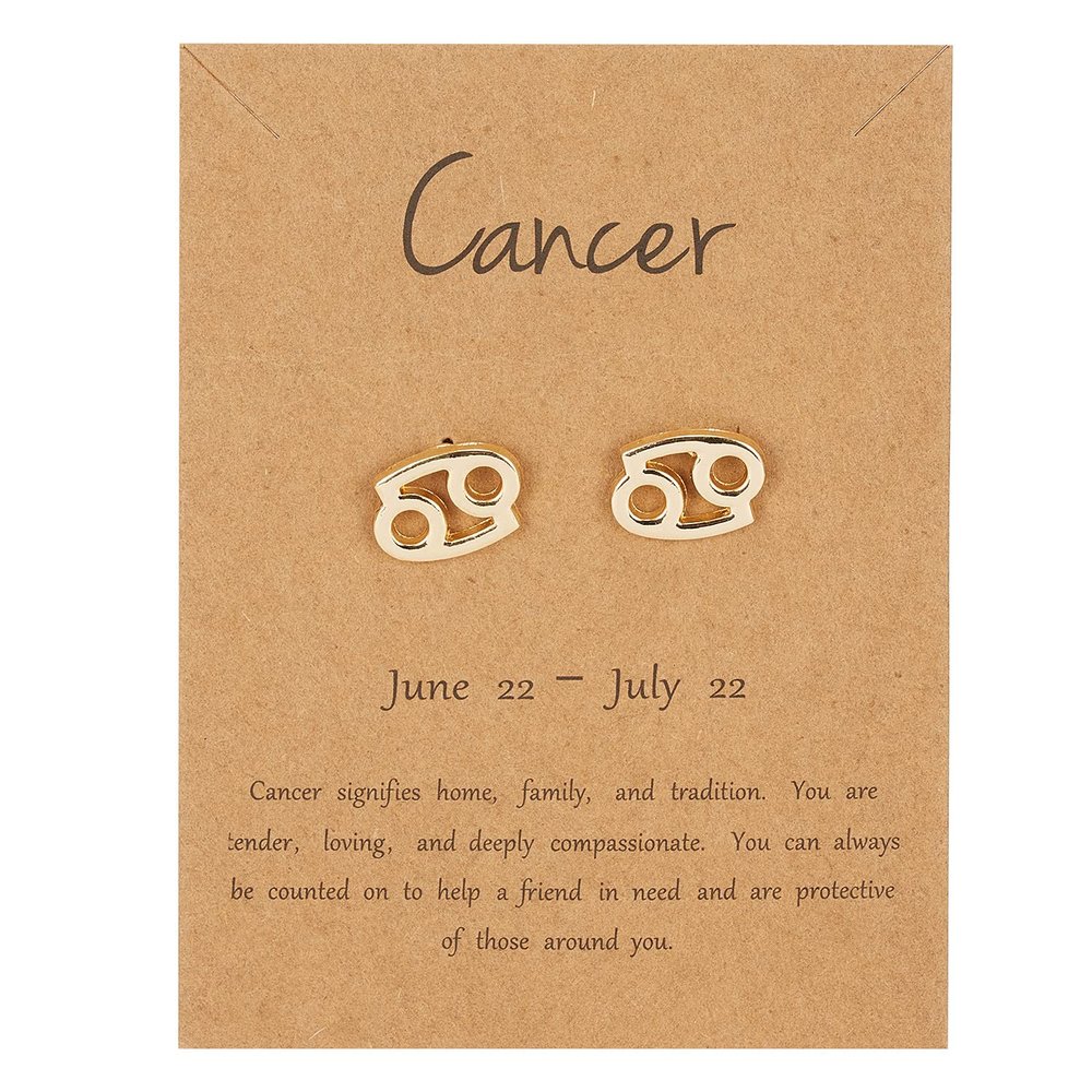 18K Gold Plated Zodiac Stud Earrings 12 Constellation Astrology Card Packaging Horoscope 18K Gold Plated Little Ear Stud for Women Birthday Anniversary Friendship Exquisite Jewelry Gift-Cancer
