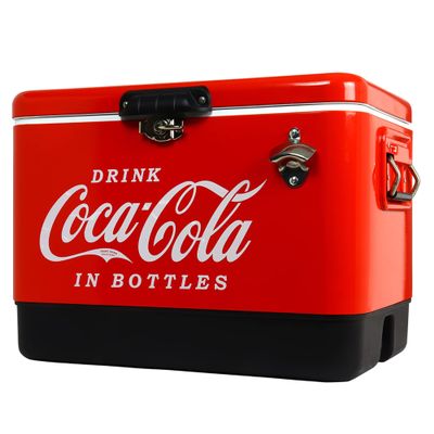 Coca-Cola Ice Chest Cooler - Portable Ice Bucket with Bottle Opener, Vintage Style, Insulated for Camping, RV, Beach, BBQs, Picnic, Tailgating, Fishing, Stainless Steel 85 Can Ice Box, 51L (54 qt)
