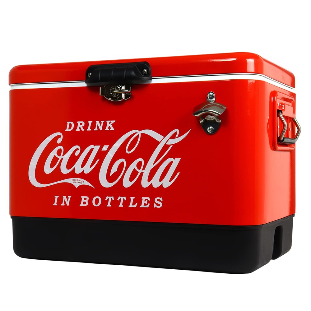Coca-Cola Ice Chest Cooler - Portable Ice Bucket with Bottle Opener, Vintage Style, Insulated for Camping, RV, Beach, BBQs, Picnic, Tailgating, Fishing, Stainless Steel 85 Can Ice Box, 51L (54 qt)