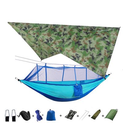 Portable Camping Hammock Lightweight and Tent Awning Rain Fly Tarp Waterproof Mosquito Net Hammock Canopy 210T Nylon Hammocks Camouflageandblue