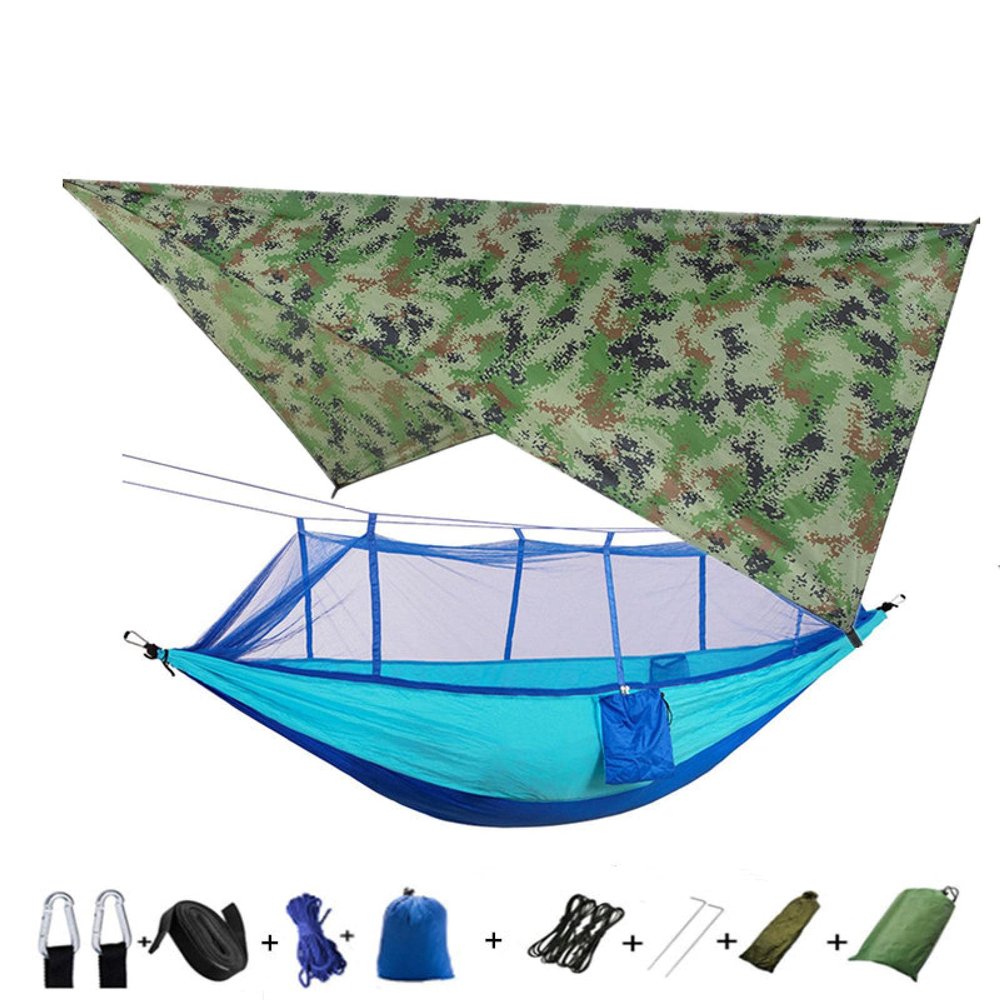 Portable Camping Hammock Lightweight and Tent Awning Rain Fly Tarp Waterproof Mosquito Net Hammock Canopy 210T Nylon Hammocks Camouflageandblue