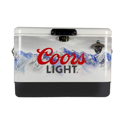 Coors Light Retro Ice Chest Beverage Cooler with Bottle Opener, 51L (54 qt), 85 Can Steel-Belted Portable Cooler, White and Black, for Camping, Beach, RV, BBQs, Tailgating, Fishing