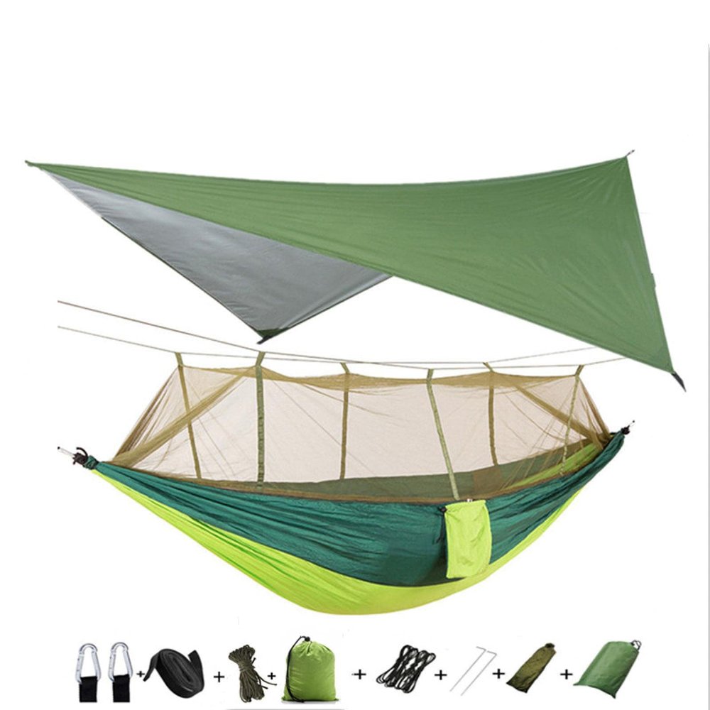 Portable Camping Hammock Lightweight and Tent Awning Rain Fly Tarp Waterproof Mosquito Net Hammock Canopy 210T Nylon Hammocks Greenandlightgreen