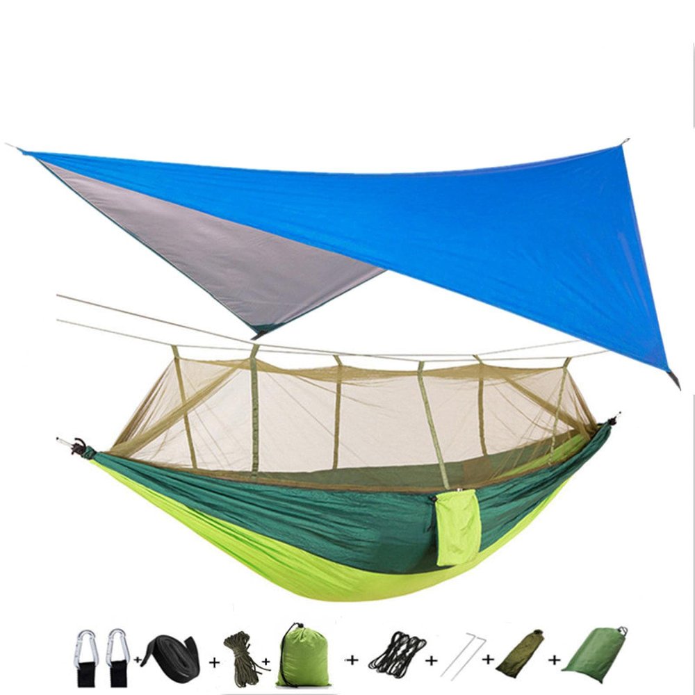 Portable Camping Hammock Lightweight and Tent Awning Rain Fly Tarp Waterproof Mosquito Net Hammock Canopy 210T Nylon Hammocks Blueandlightgreen