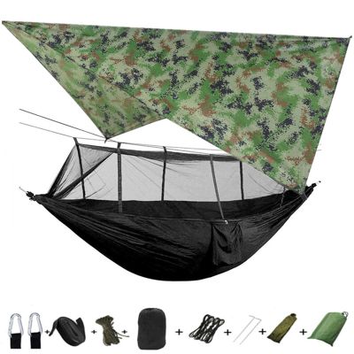 Portable Camping Hammock Lightweight and Tent Awning Rain Fly Tarp Waterproof Mosquito Net Hammock Canopy 210T Nylon Hammocks Camouflageandblack