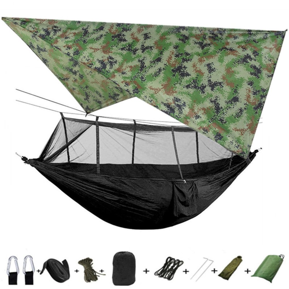 Portable Camping Hammock Lightweight and Tent Awning Rain Fly Tarp Waterproof Mosquito Net Hammock Canopy 210T Nylon Hammocks Camouflageandblack
