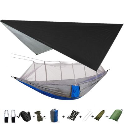Portable Camping Hammock Lightweight and Tent Awning Rain Fly Tarp Waterproof Mosquito Net Hammock Canopy 210T Nylon Hammocks Blackandgrey
