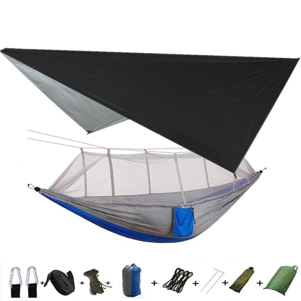 Portable Camping Hammock Lightweight and Tent Awning Rain Fly Tarp Waterproof Mosquito Net Hammock Canopy 210T Nylon Hammocks Blackandgrey