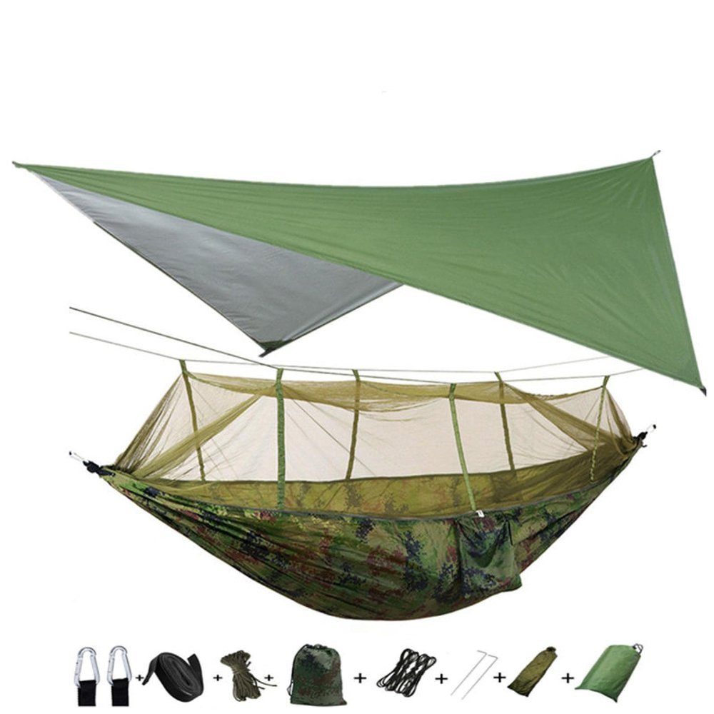 Portable Camping Hammock Lightweight and Tent Awning Rain Fly Tarp Waterproof Mosquito Net Hammock Canopy 210T Nylon Hammocks Greenandcamouflage