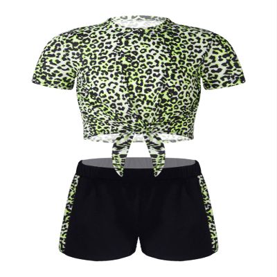 Hansber Kids Girls 2 Piece Gymnastics/Athletic/Running Tracksuit Short Sleeves Tie Knot Tee Shirt with Bottoms Chartreuse 4 Years
