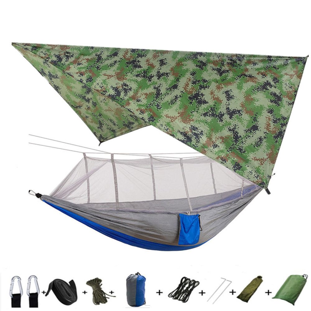 Portable Camping Hammock Lightweight and Tent Awning Rain Fly Tarp Waterproof Mosquito Net Hammock Canopy 210T Nylon Hammocks Camouflageandgray