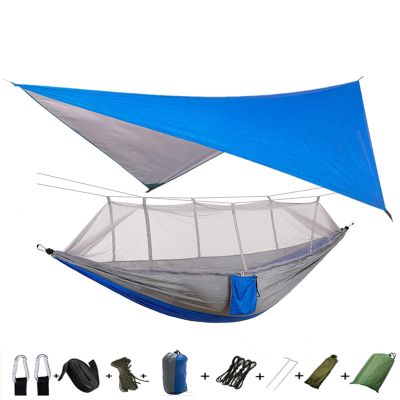 Portable Camping Hammock Lightweight and Tent Awning Rain Fly Tarp Waterproof Mosquito Net Hammock Canopy 210T Nylon Hammocks Blueandgray