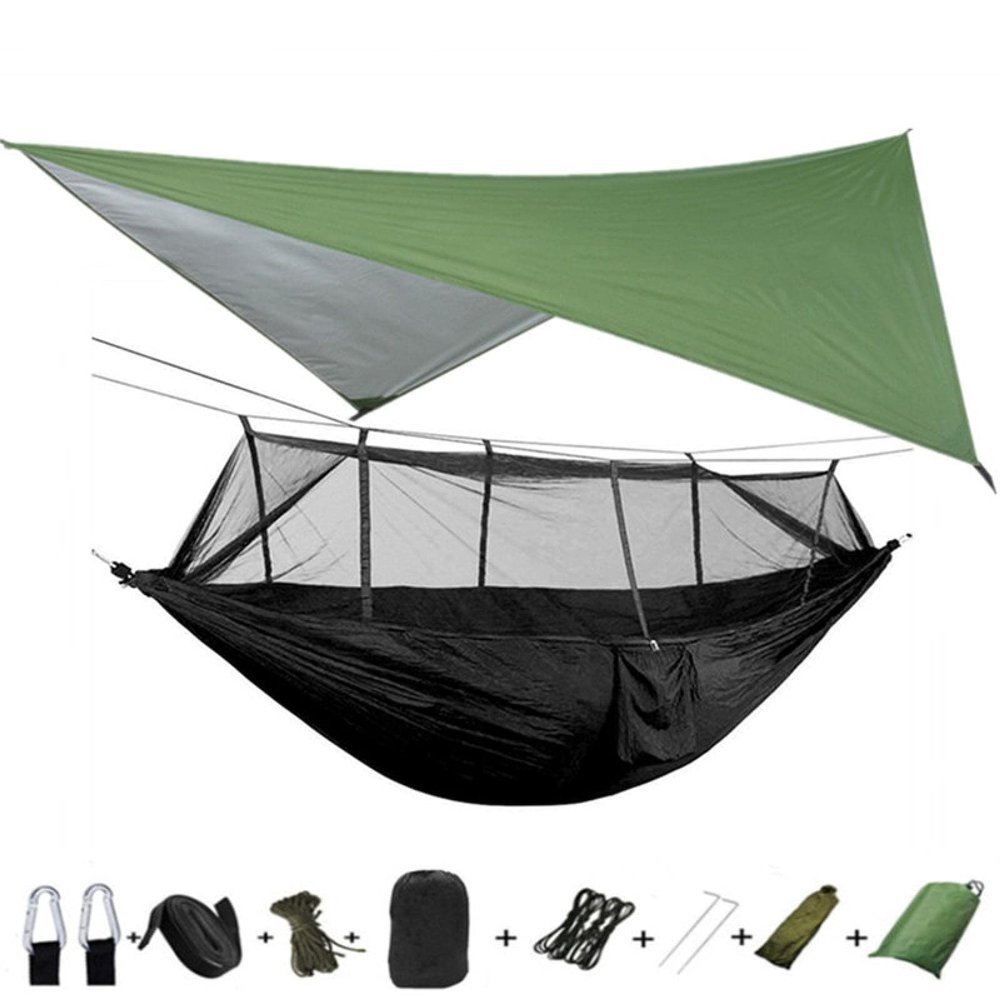 Portable Camping Hammock Lightweight and Tent Awning Rain Fly Tarp Waterproof Mosquito Net Hammock Canopy 210T Nylon Hammocks Greenandblack