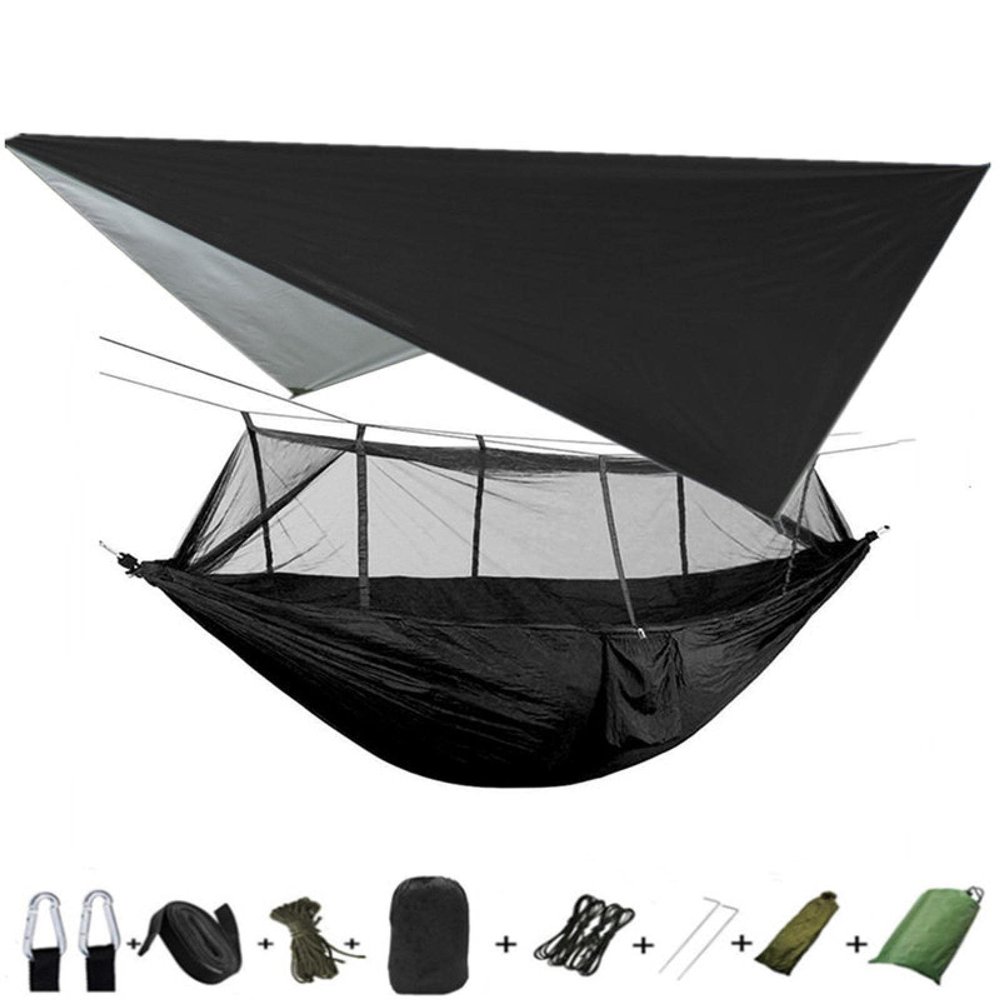 Portable Camping Hammock Lightweight and Tent Awning Rain Fly Tarp Waterproof Mosquito Net Hammock Canopy 210T Nylon Hammocks Blackandblack