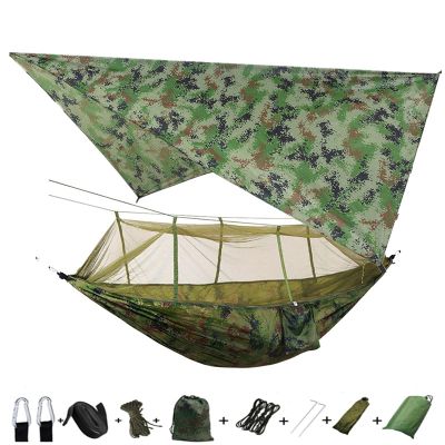 Portable Camping Hammock Lightweight and Tent Awning Rain Fly Tarp Waterproof Mosquito Net Hammock Canopy 210T Nylon Hammocks Camouflage