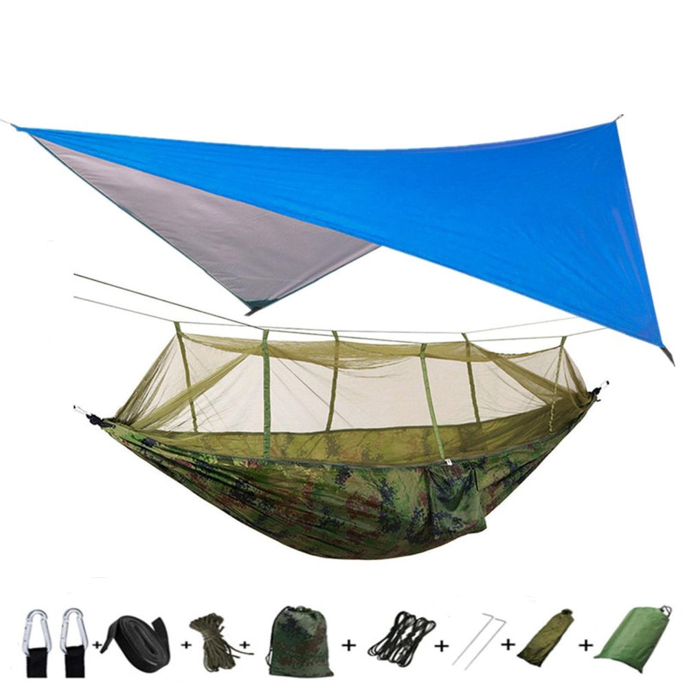 Portable Camping Hammock Lightweight and Tent Awning Rain Fly Tarp Waterproof Mosquito Net Hammock Canopy 210T Nylon Hammocks Blueandcamouflage