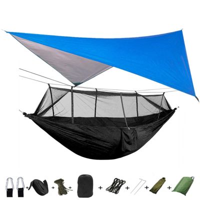 Portable Camping Hammock Lightweight and Tent Awning Rain Fly Tarp Waterproof Mosquito Net Hammock Canopy 210T Nylon Hammocks Blueandblack