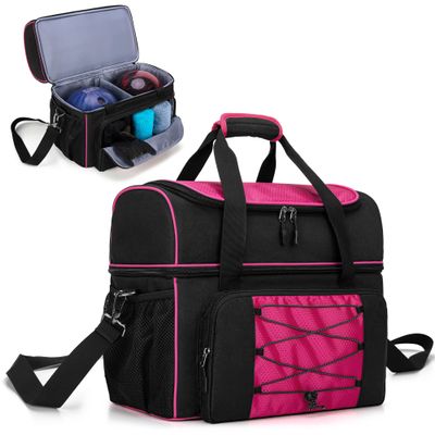 DSLEAF Bowling Bag for 2 Balls, Bowling Tote with Wooden Bowling Cups and Padded Divider for Double Ball and A Pair of Bowling Shoes Up to Mens 16 and Extra Essentials (Patent Design), Bag Only