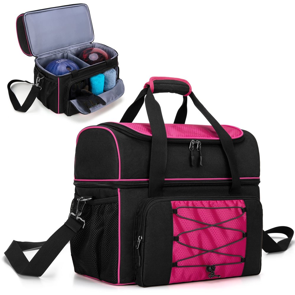 DSLEAF Bowling Bag for 2 Balls, Bowling Tote with Wooden Bowling Cups and Padded Divider for Double Ball and A Pair of Bowling Shoes Up to Mens 16 and Extra Essentials (Patent Design), Bag Only