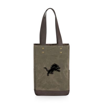 PICNIC TIME NFL Detroit Lions 2 Bottle Insulated Wine Bag - Distressed Waxed Canvas Wine Tote Bag - Wine Gift Bag, (Khaki Green with Beige Accents)