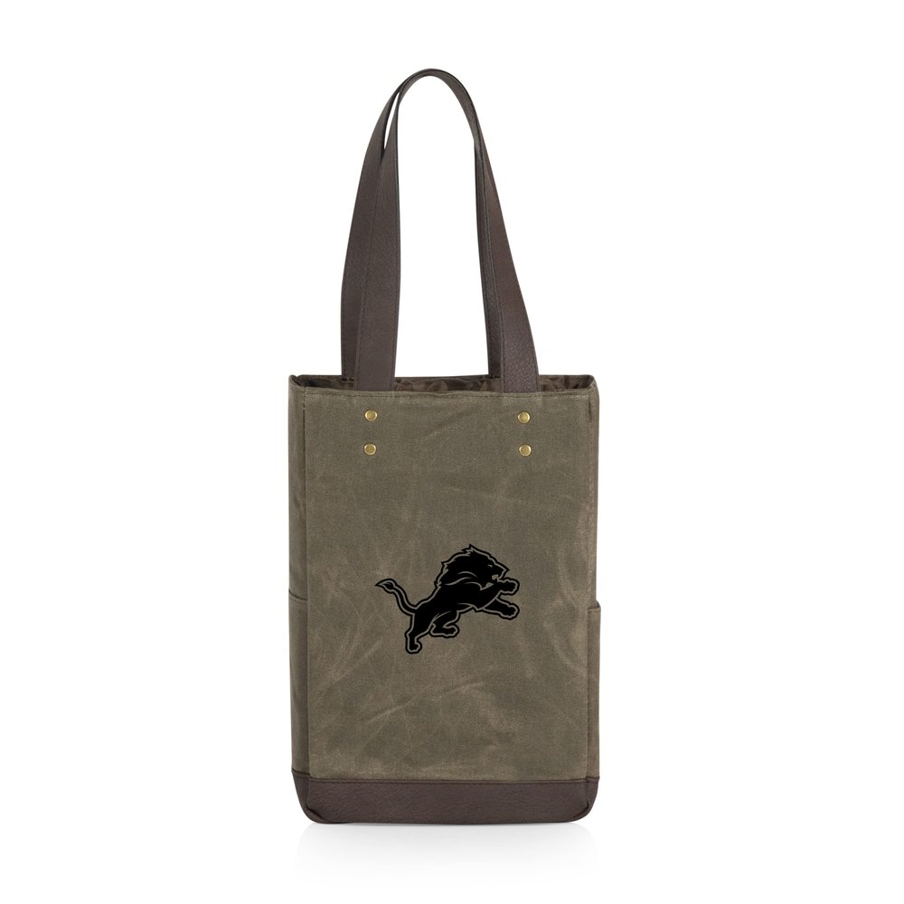 PICNIC TIME NFL Detroit Lions 2 Bottle Insulated Wine Bag - Distressed Waxed Canvas Wine Tote Bag - Wine Gift Bag, (Khaki Green with Beige Accents)