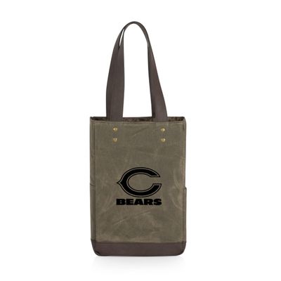 PICNIC TIME NFL Chicago Bears 2 Bottle Insulated Wine Bag - Distressed Waxed Canvas Wine Tote Bag - Wine Gift Bag, (Khaki Green with Beige Accents)