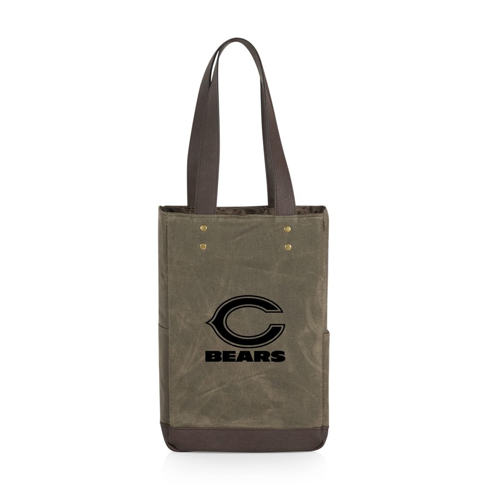 PICNIC TIME NFL Chicago Bears 2 Bottle Insulated Wine Bag - Distressed Waxed Canvas Wine Tote Bag - Wine Gift Bag, (Khaki Green with Beige Accents)