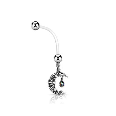 14GA Antique Filigree Carved Crescent Moon Dangle BioFlex with 316L Surgical Stainless Steel Pregnancy Navel Belly Button Ring