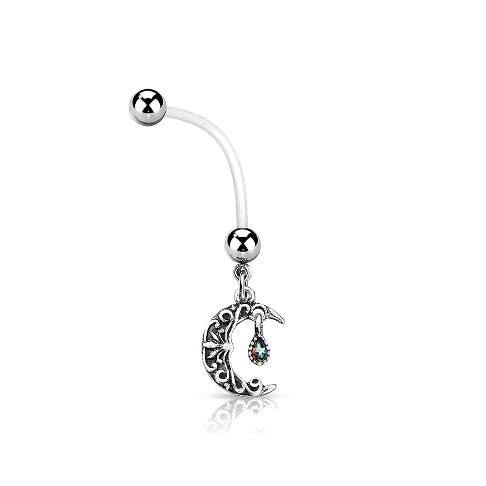 14GA Antique Filigree Carved Crescent Moon Dangle BioFlex with 316L Surgical Stainless Steel Pregnancy Navel Belly Button Ring