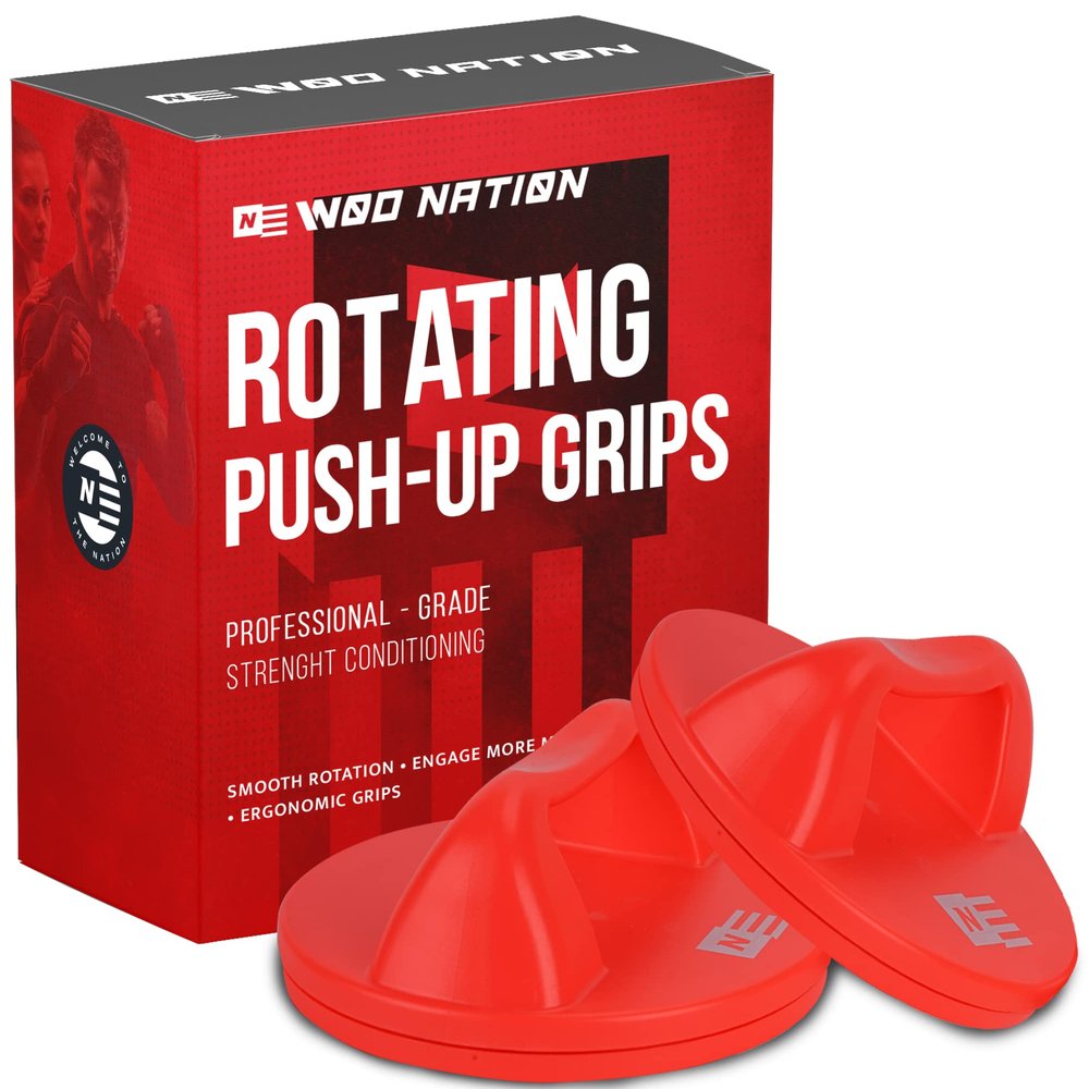 WOD Nation Rotating Push Up Bars - Rotating Push-Up Handles for Calisthenics & Strength Training - Pull Up Bar Accessory & Grip Strength Trainer - Compact Gym & Home Workout Equipment - Metal, Red
