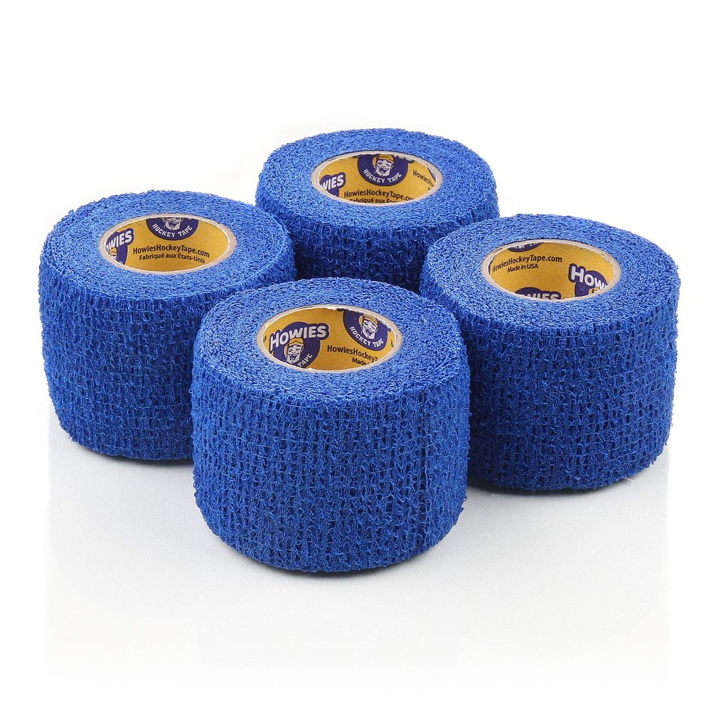 Howies Pro Grip or Stretch Hockey Tape 4 Pack Premium Long-Lasting Stick Tape for Hockey, Lacrosse, and Sports Strong Hold, Professional Feel, Easy Tear (Stretch Grip, Blue)