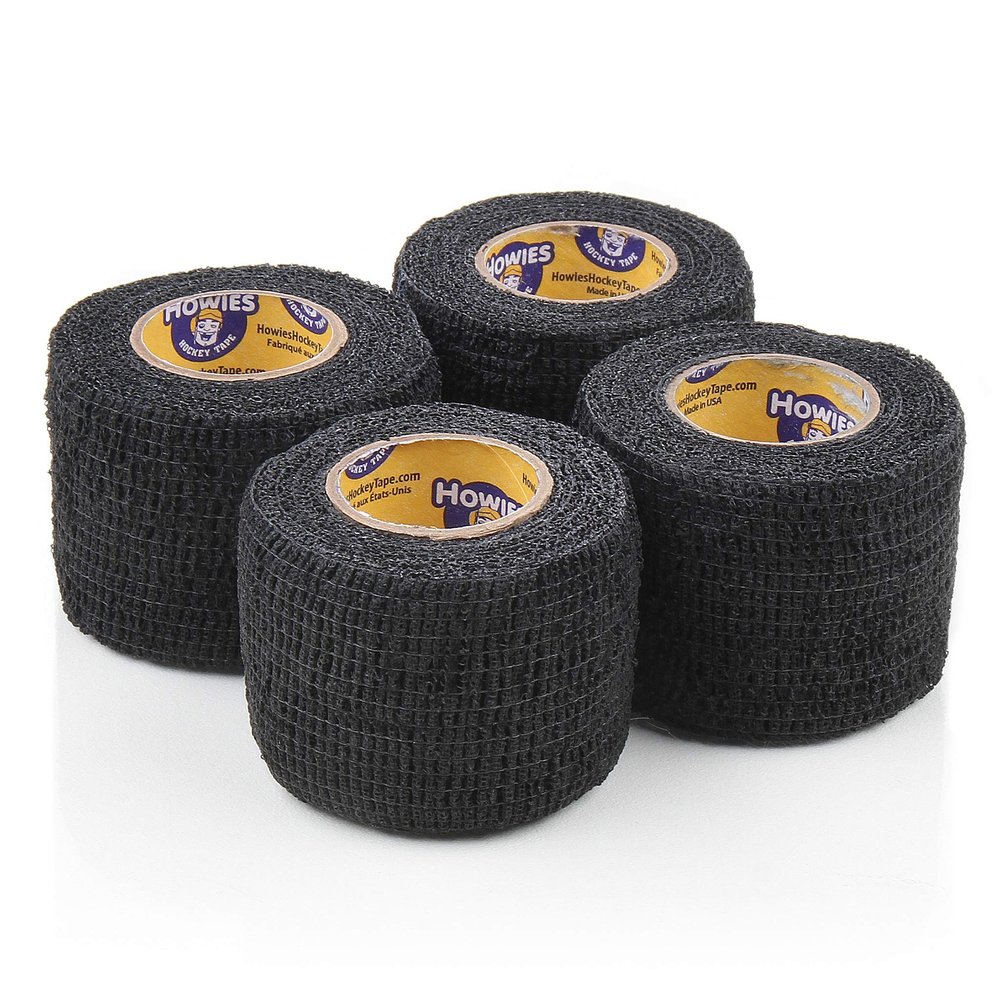 Howies Pro Grip or Stretch Hockey Tape 4 Pack Premium Long-Lasting Stick Tape for Hockey, Lacrosse, and Sports Strong Hold, Professional Feel, Easy Tear (Stretch Grip, Black)